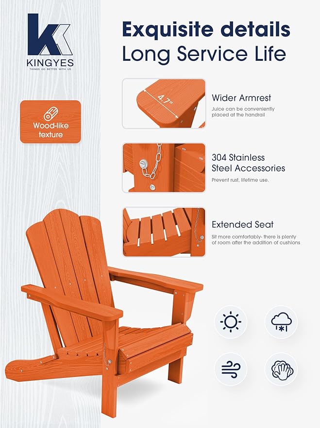 KINGYES Folding Adirondack Chair Set of 2, HDPE All-Weather Folding Adirondack Chair, Orange