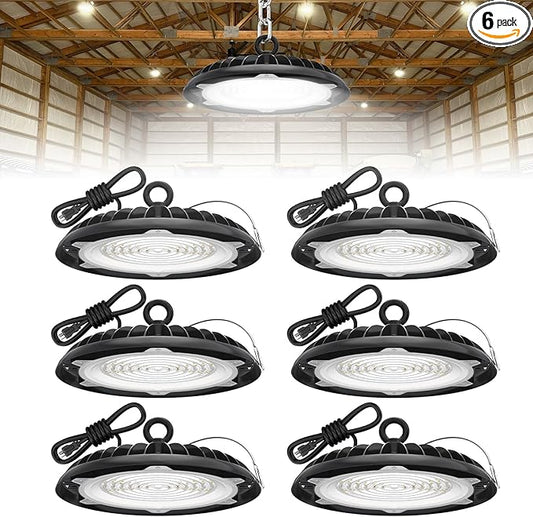 HYPERLITE UFO LED High Bay Light: 6-Pack 150W Highbay LED Shop Lights with 6ft Plug - IP65 LED Warehouse Lights for Workshop Stadium Garage Lighting