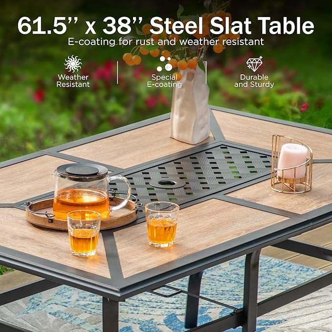 PHI VILLA 7 Piece Outdoor Dining Set with Umbrella, Rectangular Wood Top Metal Dining Table & Cushioned Wicker Chairs & 13ft Large Beige Umbrella for Patio, Deck, Yard