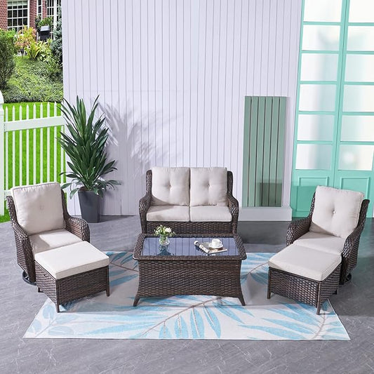 HUMMUH 6 Pieces Outdoor Patio Furniture Set Wicker Swivel Patio Chairs with Ottomans 2 Seater Outdoor Sectional Sofa/Patio Loveseat with Coffee Table