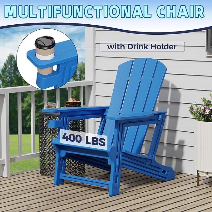 Adirondack Chair Set of 4, All Weather Plastic Adirondack Chairs, Fire Pit Chairs with Cup Holder, Outdoor Lawn Chair for Patio, Garden, Backyard, Klein Blue