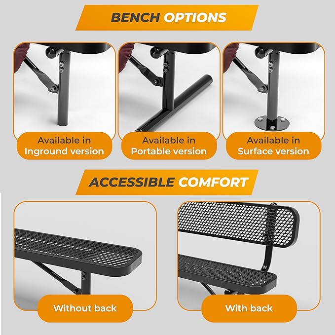 Heavy-Duty Outdoor Metal Bench, Thermoplastic-Coated, Surface, Weatherproof, Commercial-Grade for Parks, Gardens, Patios, Stores & More (6 Ft - Surface with Back, Black)