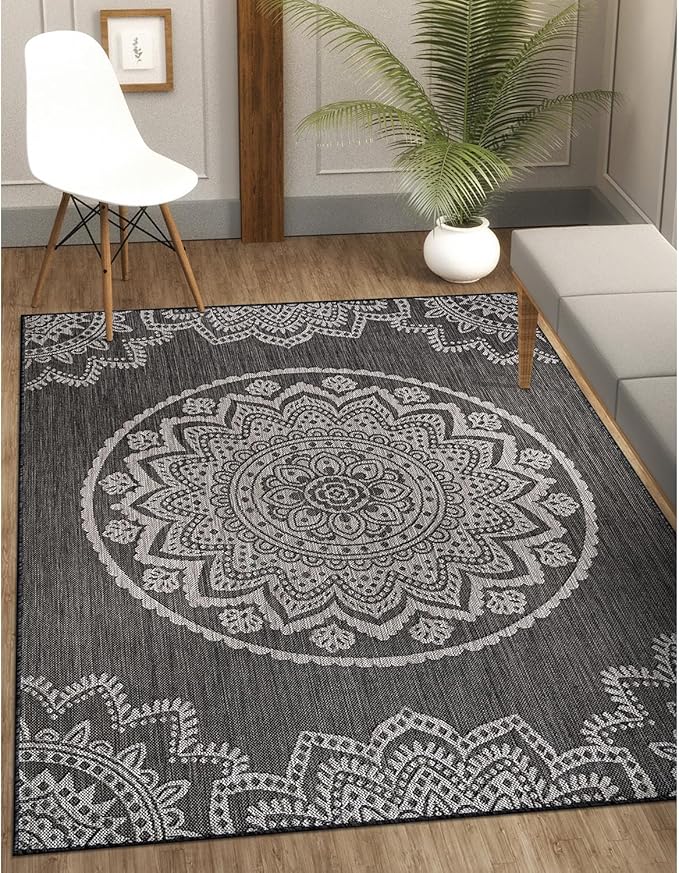 CAMILSON Outdoor Rug 9x12 Modern Area Rugs for Large Indoor and Outdoor Patios and Porches - Washable, Non-Shedding, Easy-to-Clean Outside Carpet (9 x 12, Medallion - Dark Grey/Light Grey)