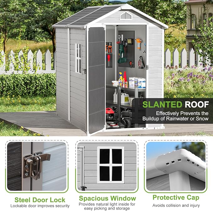 6X4 FT Resin Outdoor Storage Shed with Floor,Water Drainge Roof Plastic Sheds with Windows and Lockable Doors,Thickened Panel All-Weather Resistant Tool Storage Shed for Garden Backyard Patio, Grey