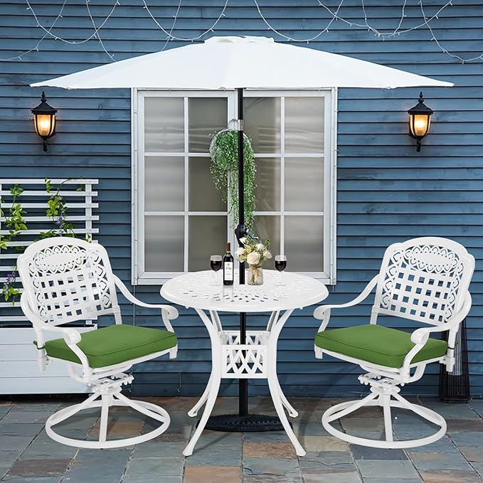 VIVIJASON 3-Piece Patio Bistro Set, Outdoor All-Weather Cast Aluminum Furniture Dining Set, Include 2 Swivel Rocker Chairs and 31" Round Table w/Umbrella Hole for Balcony, Lawn, Garden, White
