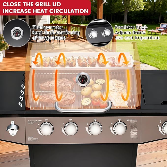 50,000 BTU Gas Grill, 4 Burner BBQ Propane Gas Grill with Side Burner and Stainless Steel Grates,Easy-Clean Grease for Patio, Camping, Outdoor Cooking