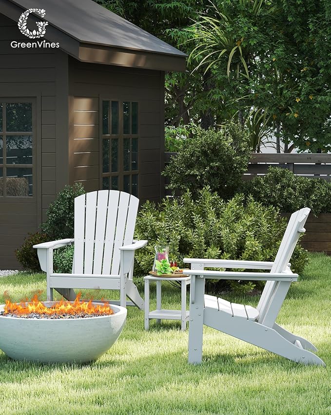 GREENVINES Adirondack Chairs Set of 2 | HDPE Plastic | Oversized Fire Pit Chair | All Weather | White | Poly Lumber | for Outdoor Deck Backyard Patio Garden