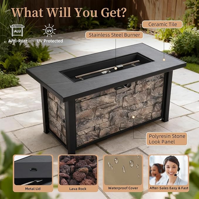 48'' Propane Fire Pit Table for Outdoor, Ceramic Tabletop & Polyresin Natural Stone Base, 50000 BTU Gas Fire Pit Table for Outside Patio and Garden, with Lava Rock