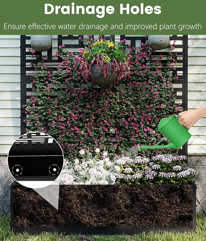 2PCS Metal Planter Box with Trellis,70.9"x47.2"x15.7" Raised Garden Bed with Drainage Holes, Privacy Planters for Outdoor, Garden Bed for Climbing Plants,Vegetables,and Vines, Black-Modular