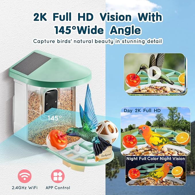VEVOR Smart Bird Feeder Camera with 3 Solar Panels, Solar Powered Wireless Camera Bird Feeder with Live Video, AI Identify, Auto Detect & Instant Notify, and 2K Full HD, Ideal Gift for Bird Lover