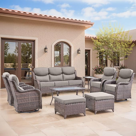 Swivel Patio Chairs sofa Set of 9 with 6" Thick Cushion - Wicker Outdoor Swivel Rocker Patio Chair ,Sofa/Glass coffee table, High Back Comfortable Outdoor Glider Chairs -Brown Wicker | Gery Cushions