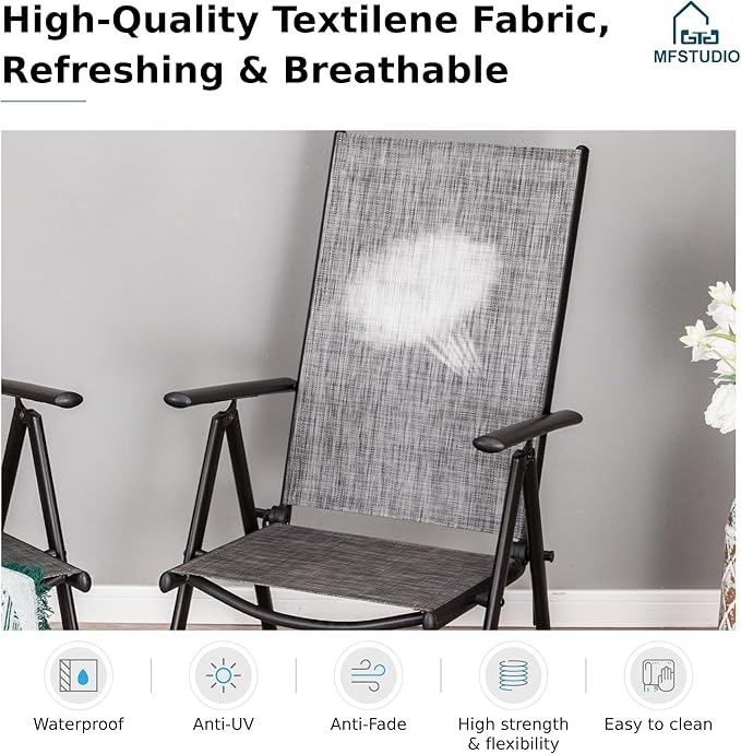 MFSTUDIO Patio Folding Chairs Set of 8, Outdoor Patio Dining Chairs, Portable Grey Sling Patio Chairs, 7 Levels Adjustable Sling Back Chairs for Backyard Lawn Garden