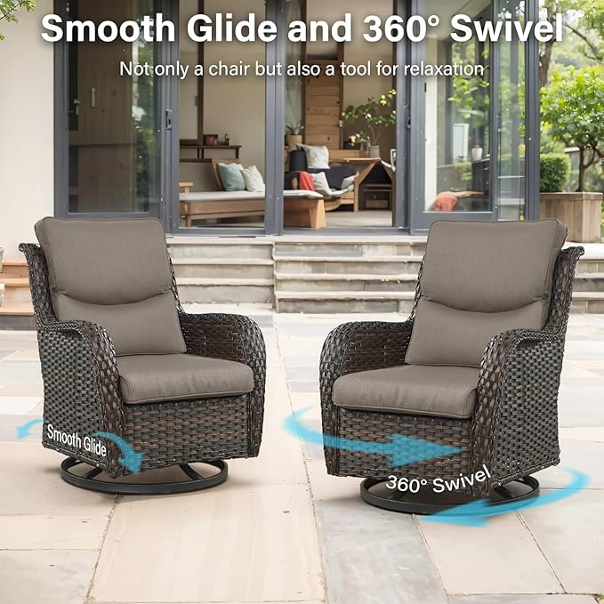 Outdoor Swivel Rocker Patio Chairs Set of 4 with Coffee Table - 5" Thick Cushion 7 Piece Furniture Set All Weather Comfortable Wicker Conversation Set for Porch Deck - Brown/Gray
