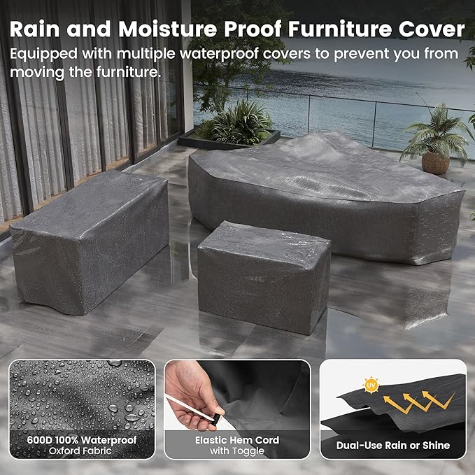 UDPATIO Patio Furniture Set with Fire Pit Table, 8 Inch Armrest Outdoor Sectional Sofa, 9 Piece Wicker Outdoor Furniture Conversation Sets with Waterproof Cover for Backyard Deck(Grey/Black)