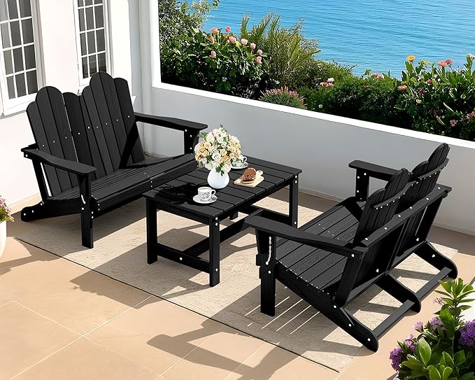 SERWALL 3 Pieces Patio Adirondack Bench Set, 2 Folding Adirondack Bench and 1 Coffee Table Set for Front Porch Garden Balcony Backyard, Black