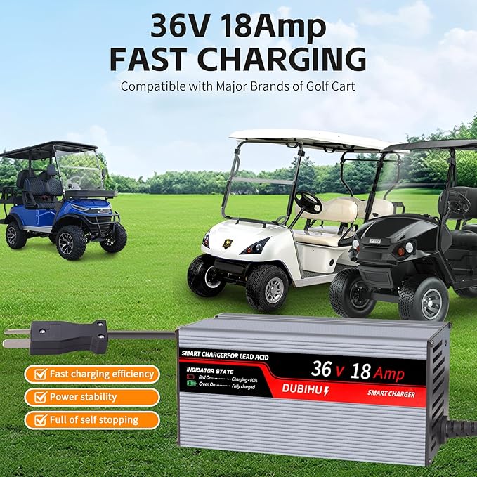 36V 18A Golf Cart Battery Charger for Lead Acid Batteries ，16FT Long Cable, Works with Club Car & Yamaha Crowfoot ，Intelligent 3-Stage Charging System for Fast and Efficient Charging