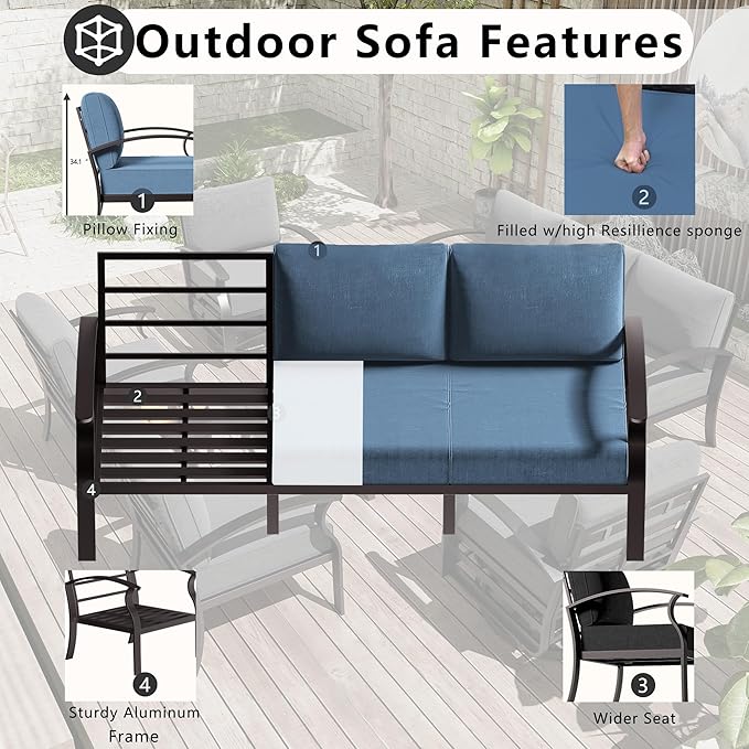 Patio Furniture Set 3-Piece Aluminum Armrest Sofa,All-Weather Patio Conversation Set with Tempered Glass Top Table & Removable Sponge Cushions for Backyard Poolside - Blue