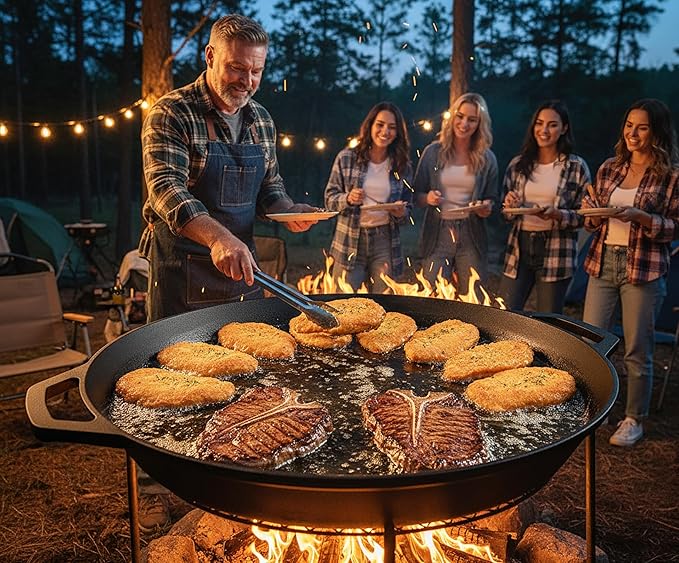 LI-GELISI 18-inch Pre-Seasoned Cast Iron Skillet - Dual Assist Handles - Nitrided Rust-Proof - For Oven, Stovetop, Grill & Campfire