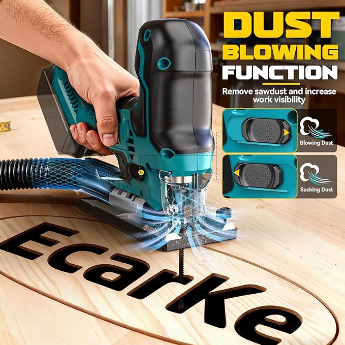 Ecarke Cordless&Brushless Jig Saw Compatible With Makita 18V Battery, 3800RPM, 7 Speeds Dial Control, Free-Tool ±45° Bevel Cuts, 4 Orbital Action, Dust Blows and 6 Blades For Cutting (Exclude Battery)
