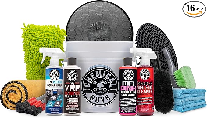 Chemical Guys Car Detailing Kit - Mr. Pink Car Wash Soap, Total Interior Cleaner, VRP Protectant, Diablo Wheel Cleaner, Wash Bucket with Lid, Dirt Trap, Brushes, Mitt, 4 Microfiber Towels, 16-Piece