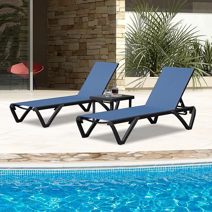 Domi Outdoor Lounge Chair, Aluminum Plastic Patio Chaise Lounge with Side Table & 5 Position Adjustable Backrest & Wheels, All Weather Pool Reclining Chair for Outside Beach Poolside Lawn, Navy Blue