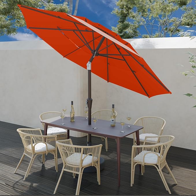 9FT 3 Tiers Patio Umbrella With Auto Tilt and Crank, Outdoor Table Market Umbrella with 8 Sturdy Ribs for Garden,Lawn,Deck,Backyard and Pool,Orange
