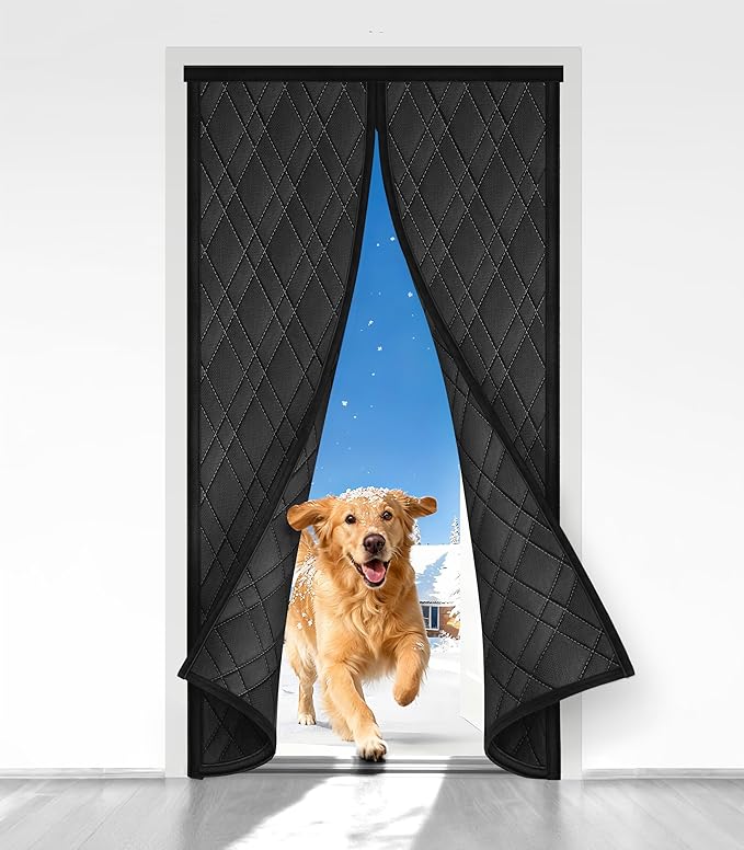 Magnetic Thermal Insulated Door Curtain, Fit Size up to 32 x 80 Inches, Thermal Door Curtain Filled with Thick Cotton to Keep Warm Winter, Doorway/Front/Back/Basement, Black, Diamond