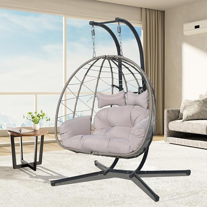 Double Hammock Egg Chair 2 Person Egg Chair Indoor Outdoor Swing with Stand Patio Wicker Hanging Chair Widened and Enlarged for Balcony Bedroom Porch Adults Kids