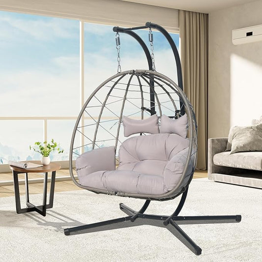 Double Hammock Egg Chair 2 Person Egg Chair Indoor Outdoor Swing with Stand Patio Wicker Hanging Chair Widened and Enlarged for Balcony Bedroom Porch Adults Kids