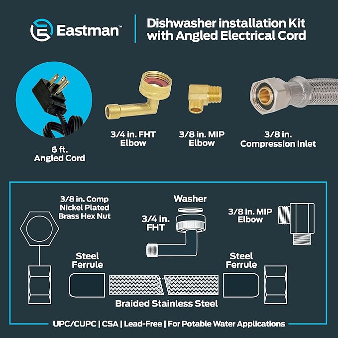 Eastman 6 Ft. Dishwasher Installation Kit, Braided Stainless Steel Supply Line with 3/8 Inch Compression Ends, 3-Prong Straight Power Cord, 41150 (Pack of 12)