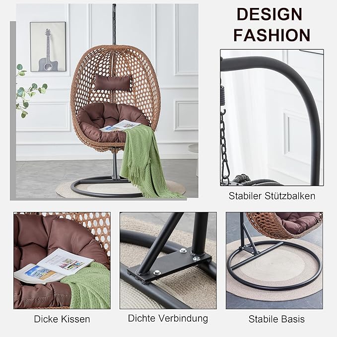 Egg Swing Chair with Stand for Outdoor Indoor, Hanging Egg Chair with Cushion and Pillow, Lounge Chair, Foldable Basket and Metal Stand for Porch, Patio, Bedroom, Balcony,Yard (Brown)