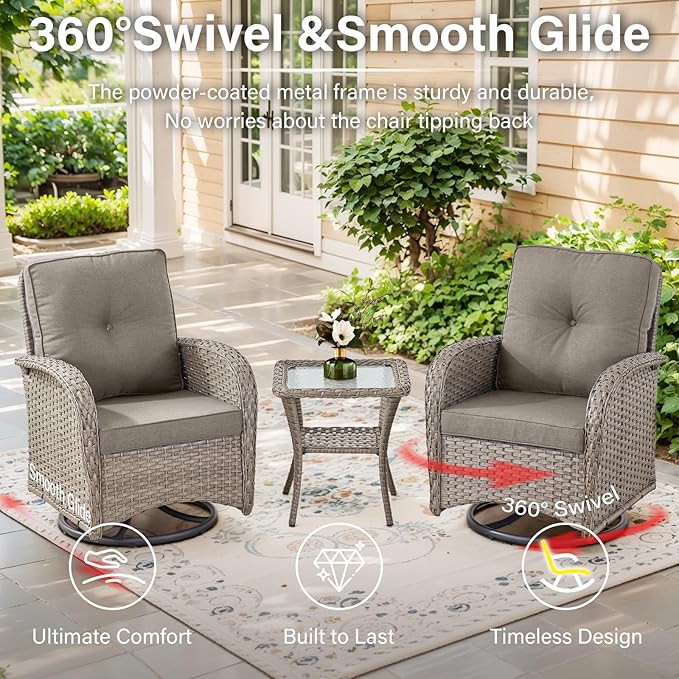 Belord 5 Pieces Wicker Patio Furniture Set - Swivel Rocker Outdoor Chairs with Ottomans and Side Table, Small Patio Conversation Set for Deck Porch Backyard