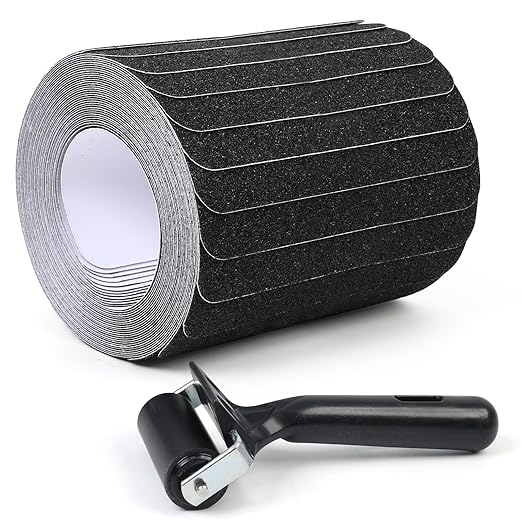 Outdoor Non Slip Tape Black 8'' x 32'' (12-Pack) with Free Roller High Traction Adhesive Treads - Heavy Duty 80 grit Black Non Slip Tape -Anti Skid Strips - Grip Tape for Steps