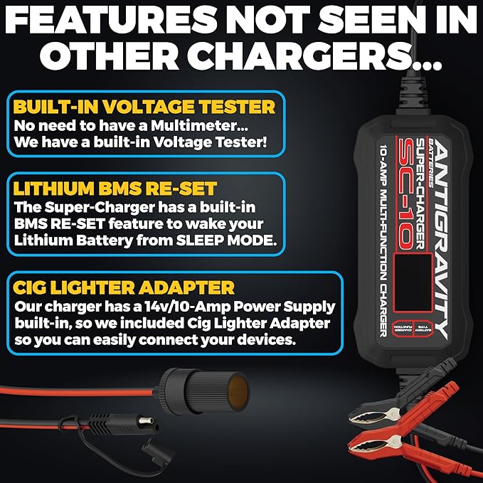 Antigravity SC-10 Super-Charger – 10A Smart Battery Charger & Maintainer for 6V/12V Lithium (LiFePO4) & Lead-Acid Batteries – LCD Display, Power Supply, BMS Reset, Multi-Protection