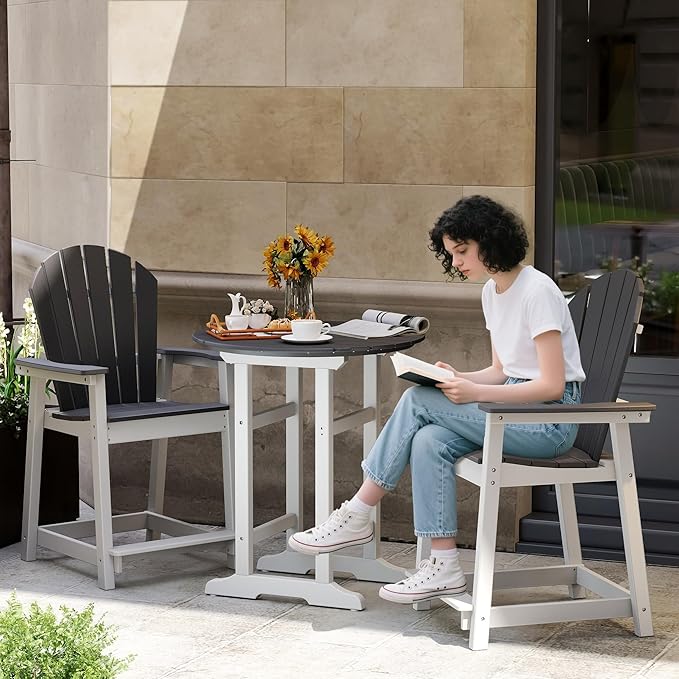 OTSUN 24inch Tall Adirondack Chairs Set of 3, Patio Bar Stool Chairs with one Table, 400lbs, Widened Arms, All-Weather Balcony Chair for Backyard, Garden (White&Grey, 3 Sets)
