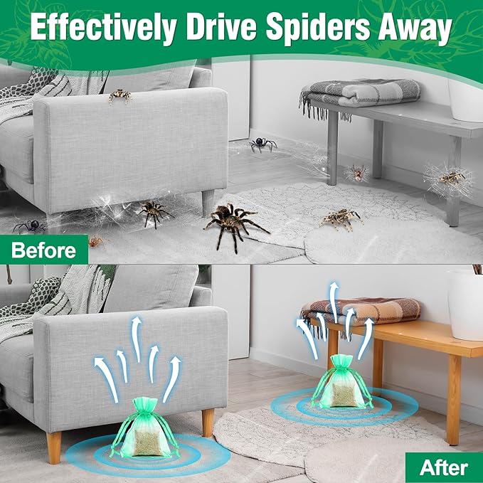 Spider Repellent for Indoor, 24 Pcs Natural Peppermint Oil Spider Deterrent Pouches Spiders Roach Ant Away, Pest Control Spider Repellant Solution for House Garage Patio Attic, Family & Pet Safe