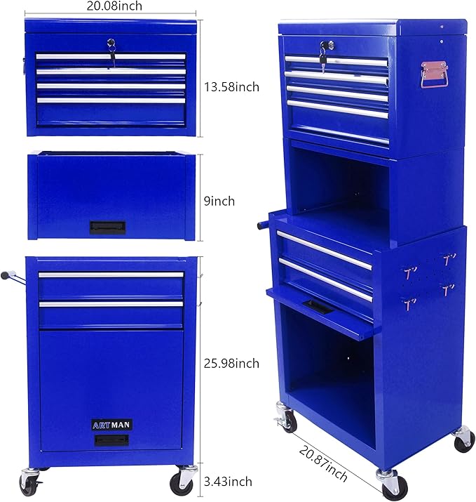 6 Drawers Rolling Tool Box Organizer,2 Tier High Capacity Tool Chest with Wheels,Lockable Rolling Tool Chest with 2 Cabinet,Detachable Tool Box Workshop Storage Cabinet (2 Tier-6 Drawers(Blue))