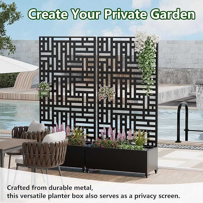 Casaphoria Raised Garden Bed Metal Planter Box with Trellis, 72"x35"x16" for Outdoor Climbing Plants, Flowers Vegetables and Vines Privacy Screen with Wheels and Drainage Holes(Black Street)