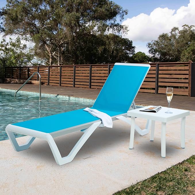 Kozyard Patio Chaise Lounge Chair - Full Flat Alumium & Resin Legs, Outdoor Reclining Adjustable Chair for Sunbathing, Beach, Patio, Lounge Set or Patio Table (Aqua Textilence W/Table)