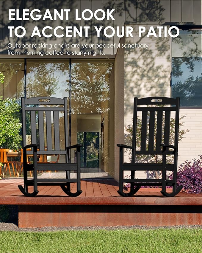 Outdoor Rocking Chair Set of 4, High Back Plastic Patio Rocking Chairs for Outside Porch Rocker Garden Lawn, All-Weather Resistant Poly Lumber Rocker Chair Outdoor, Dark Green