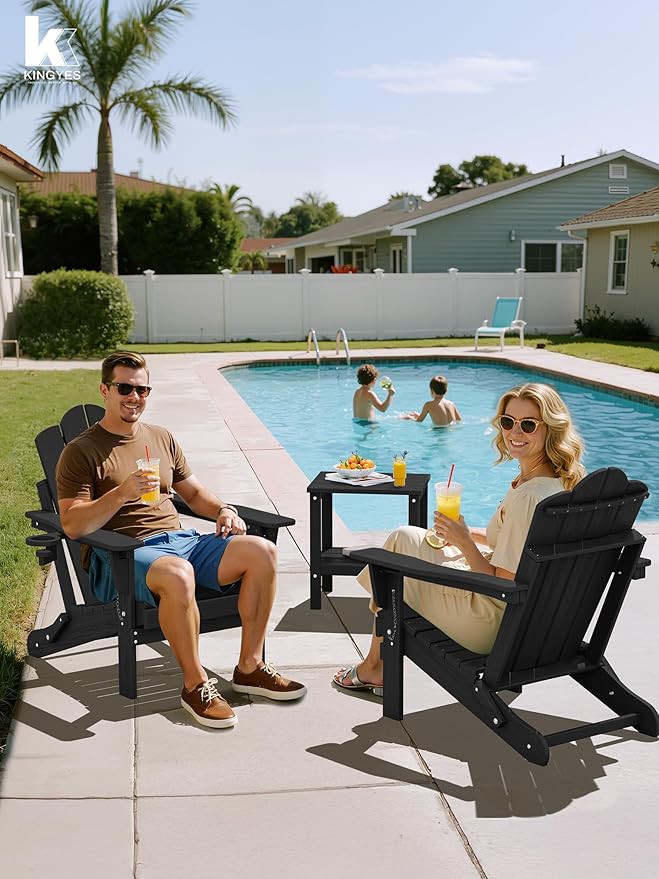 KINGYES Adjustable Folding Adirondack Chair Set of 6, 3-Position Reclining Adirondack Chairs with Cup Holder, HDPE All-Weather Oversized Adirondack for Outdoor, Patio, Backyard Deck, Fire Pit, Black