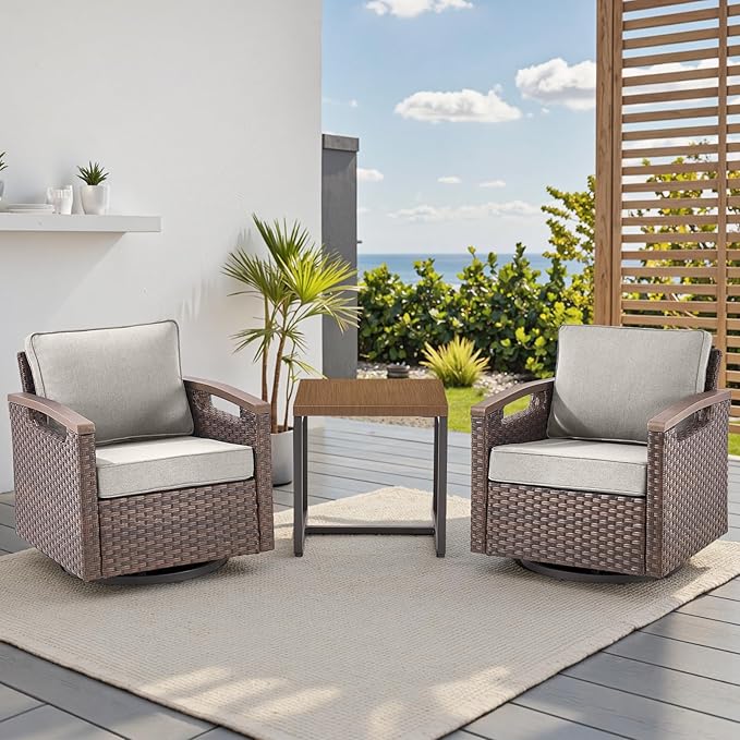 Rilyson Outdoor Patio Swivel Rocking Chairs Set of 2, Patio Bistro Set with All Weather Wicker, Metal Armrest, Deep Seating, Thick Cushions, Side Table, Ideal for Deck Porch Backyard, Brown/Beige