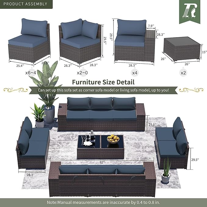 16 Pieces Outdoor Patio Furniture Set Outdoor Furniture Patio Sectional Sofa Conversation Sets w/ETL Approved 45" Gas Outdoor Fire Table & Coffee Table, Swivel Rocking Chair (Navy)