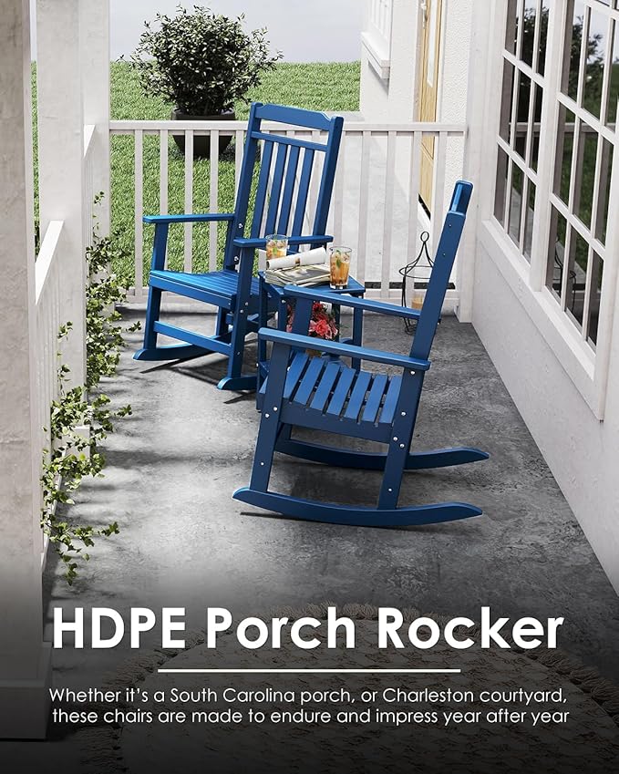GREENVINES Outdoor-Rocking-Chairs-Set-of-2 | HDPE Plastic | Patio Rockers | Porch Rocker Chair | Oversized | High Back | Big & Tall | Blue