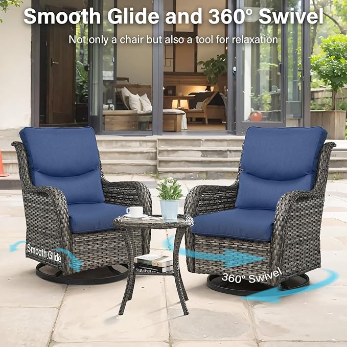 Outdoor Swivel Rocker Patio Chairs with 5" Thick Cushion - 3 Piece Wicker Bistro Set with Side Table, High Back Comfty Outdoor Glider Chairs for Balcony, Porch, Deck, Poolside - Gray/Blue