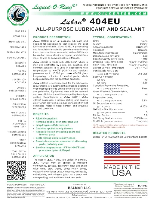 Lubon 404EU All-Purpose Lubricant & Sealant – Contains PTFE, Eliminates Seizing and Corrosion, Safe on Plastics, Made in The USA (5oz Brush Top Can)