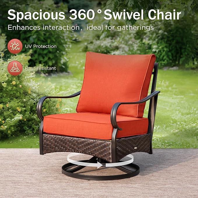 PHI VILLA Patio Swivel Chairs Set of 2, Outdoor Wicker Chairs with Thick Cushion, All Weather High Back Outdoor Furniture for Balcony Porch and Yard