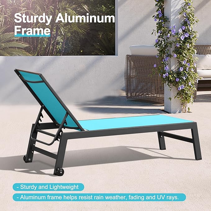 PURPLE LEAF Patio Chaise Lounge Set 4 Pieces Aluminum Outdoor Lounge Chairs with Wheels and Side Table Sunbathing Recliner Turquoise Blue