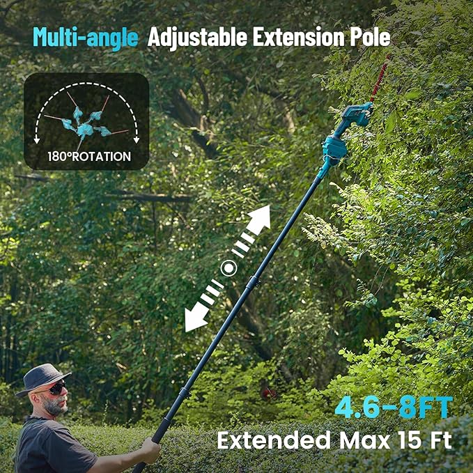 SEESII 6-in-1 Cordless Pole Saw & Hedge Trimmer Combo, Electric Mini Chainsaw with 2×4.0 Ah Batteries, Extendable Tree Pruner, Bush Trimmer Limb Branch Cutter, Grass Shears, 15Ft Long Reach