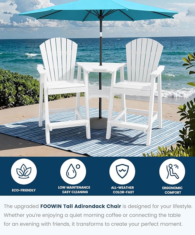 FOOWIN Tall Adirondack Chair Set of 4, All Weather HDPE Bar Height Adirondack Chair with Double Connecting Trays, Adirondack Barstools for Balcony, Deck, Backyard, Patio, Garden White